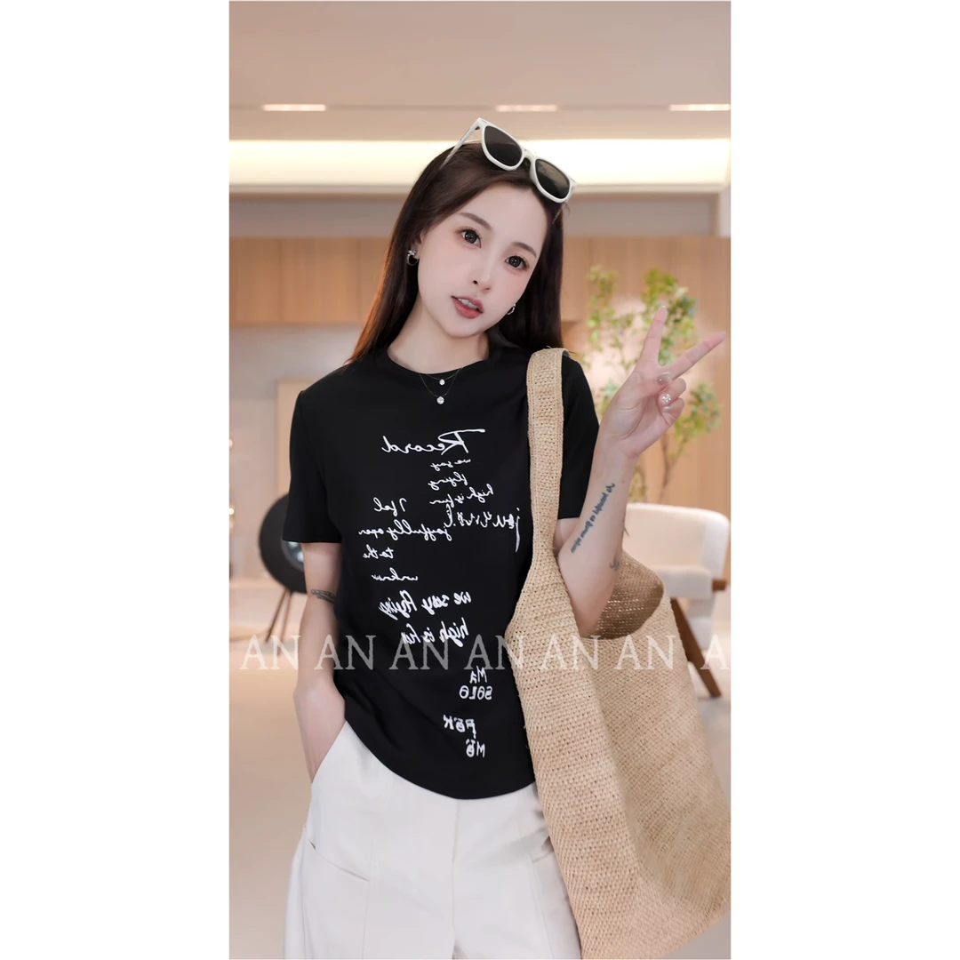 C02313春季新款ins潮宽松显瘦时尚圆领印花字母小个子T恤