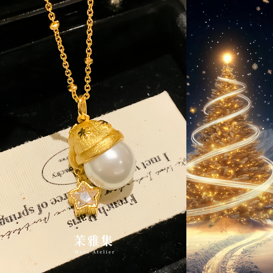 坠链均925银仿珍珠 纯银拉丝圣诞帽童趣精致感小众轻奢项链毛衣链