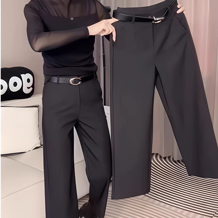 春季新款时尚百搭直筒气质显瘦小黑裤带腰带