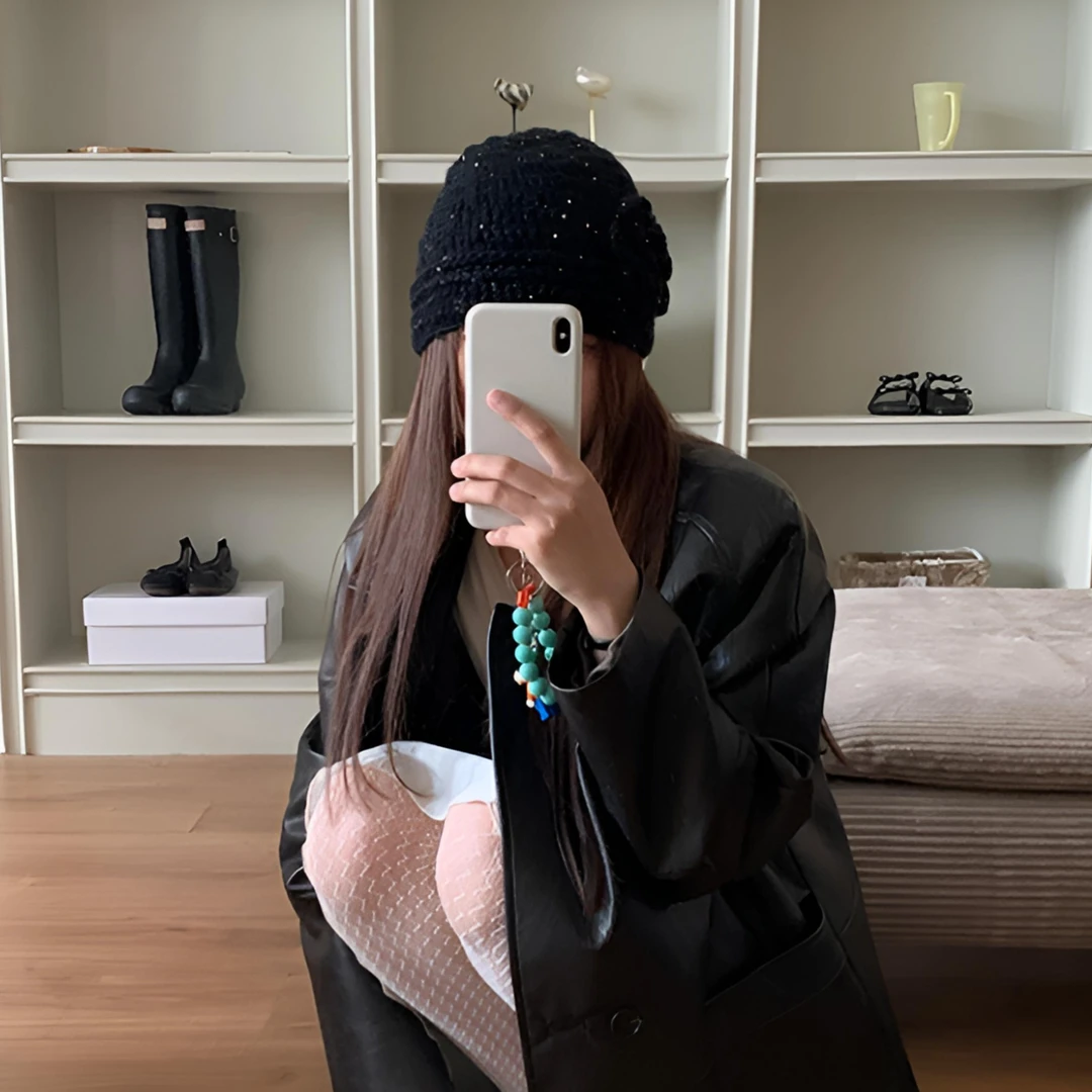 黑色花朵亮片毛线帽女秋冬氛围感帽子韩系针织冷帽堆堆帽ins百搭