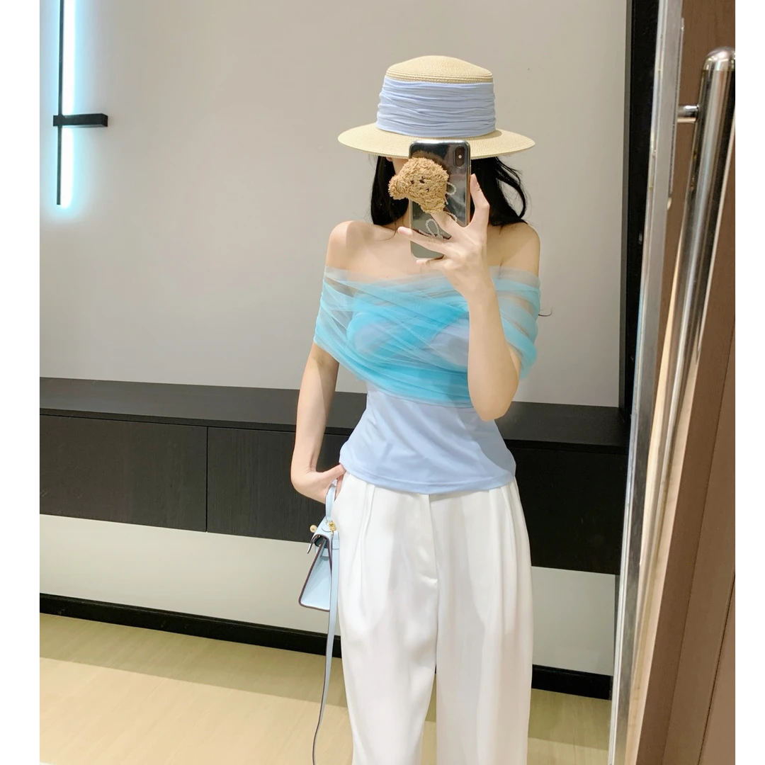 【现货】Leathercat一字肩上衣女2025夏气质高级感薄纱设计修身t恤