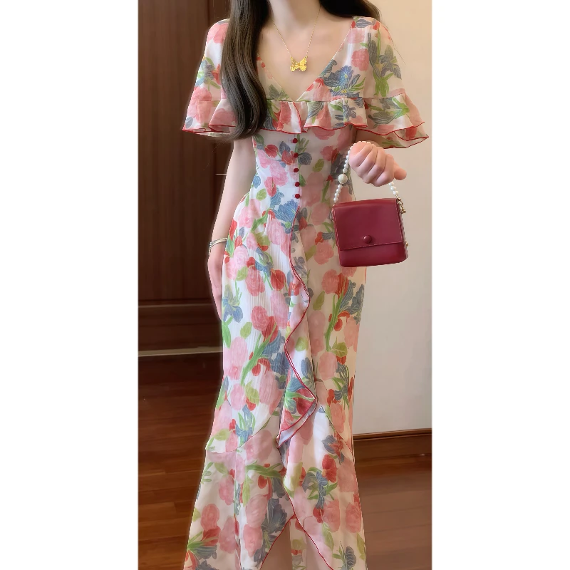 【芙罗拉】法式浪漫优雅荷叶边斗篷领碎花连衣裙收腰气质长裙9541