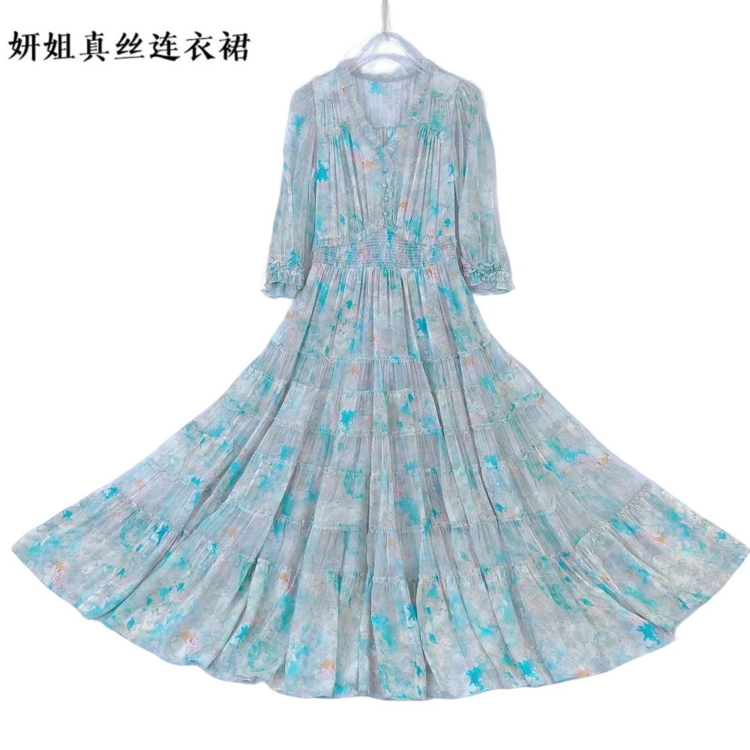 【冰氧千层】妍姐2025春夏新款V领长裙走秀真丝连衣 蓝色25002-1
