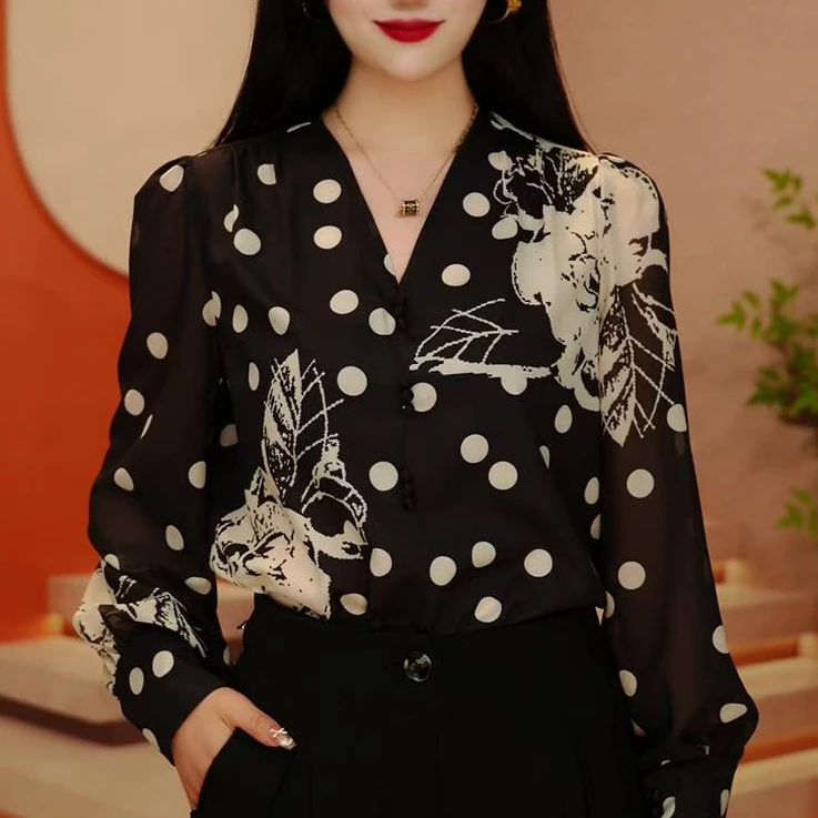 初凰 新款琉璃双皱丝洋气时尚百搭显瘦休闲气质印花女士长袖上衣