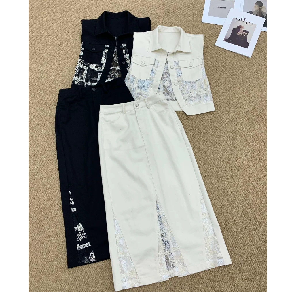 A3026杏色法式提花镂空无袖马甲提花半身裙套装