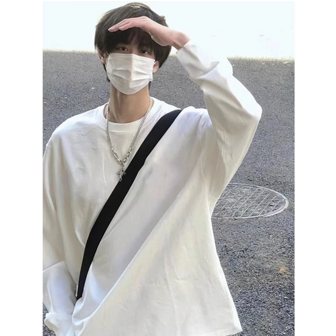 【桃子】纯色重磅长袖T恤男新款潮牌潮流美式复古宽松情侣打底衫