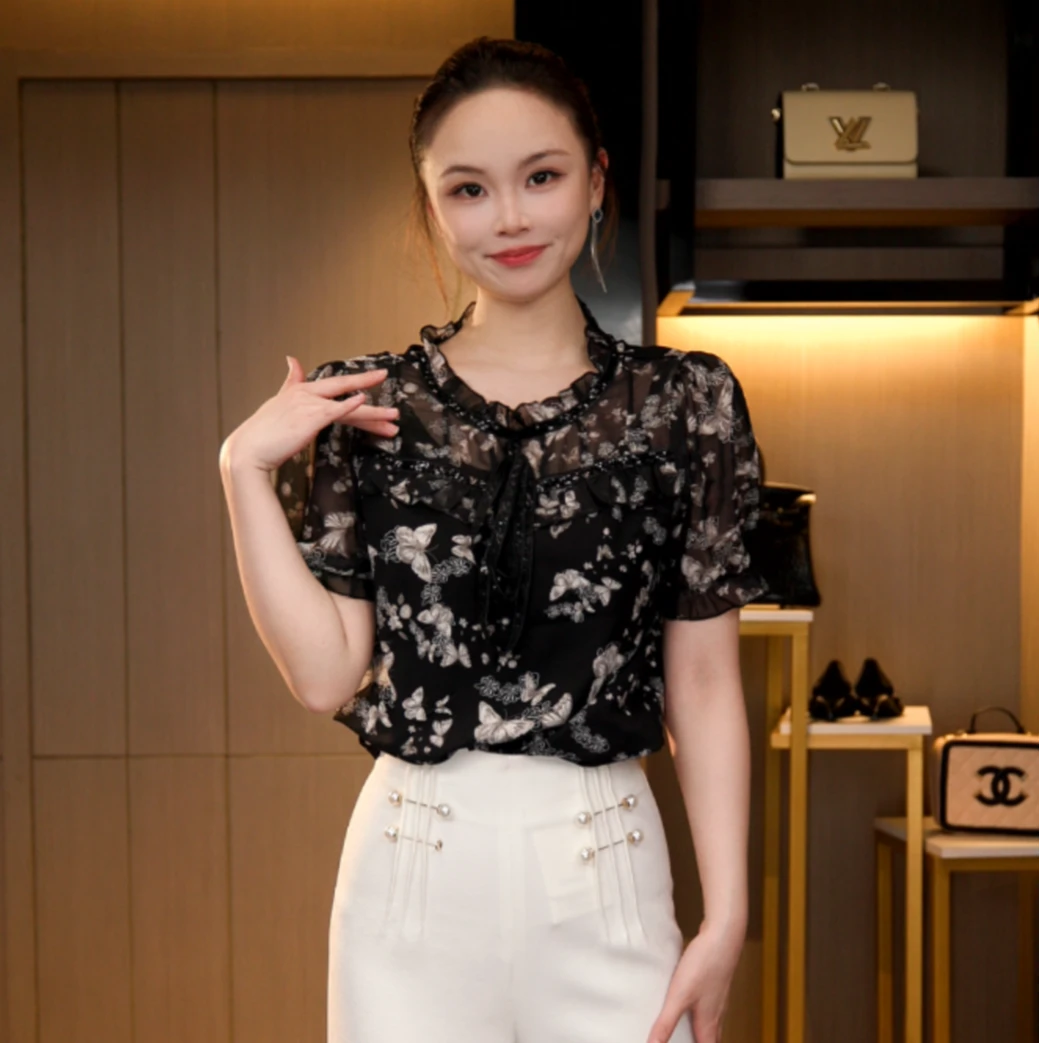 L4X2078法式复古短袖显瘦气质琉璃双绉丝T恤上衣