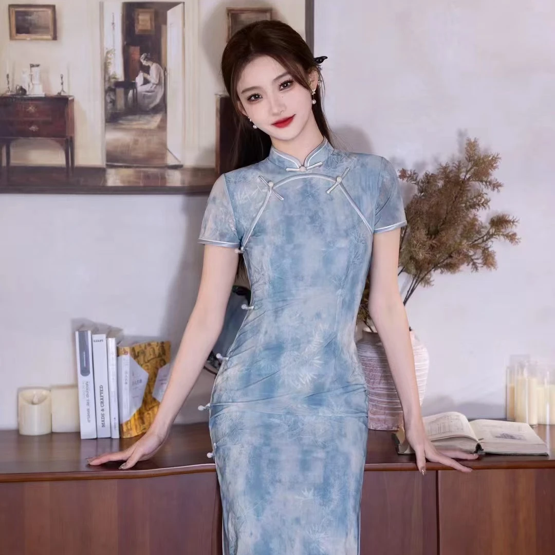 【清越】2025新款夏季显瘦绿色旗袍复古国风高端连衣裙