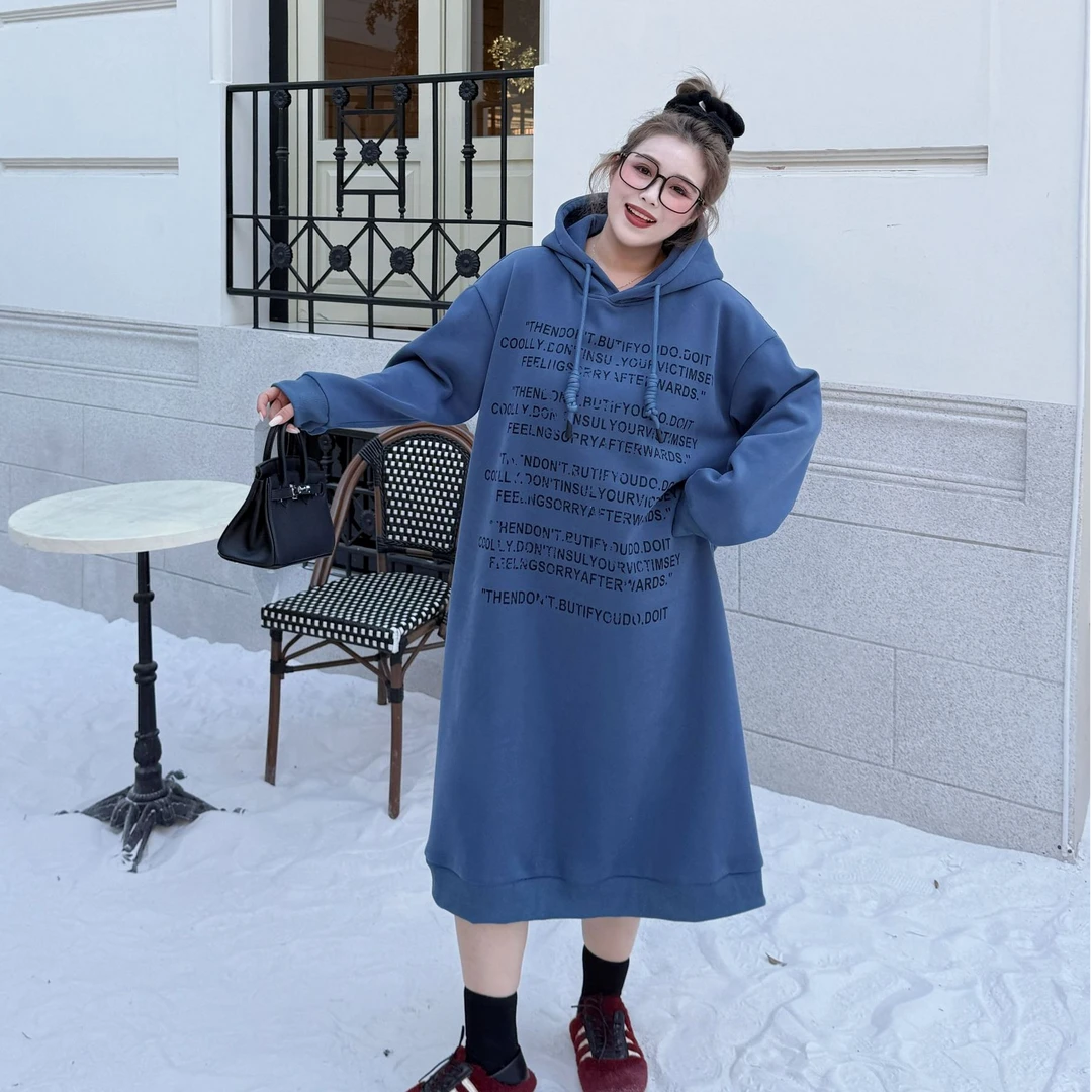 媛子大码印花加绒连帽卫衣裙通勤高级感冬季新款宽松显瘦连衣裙
