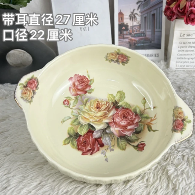 陶瓷精致轻奢高颜值网红餐具欧式象牙黄老镇玫瑰系列汤锅不带盖