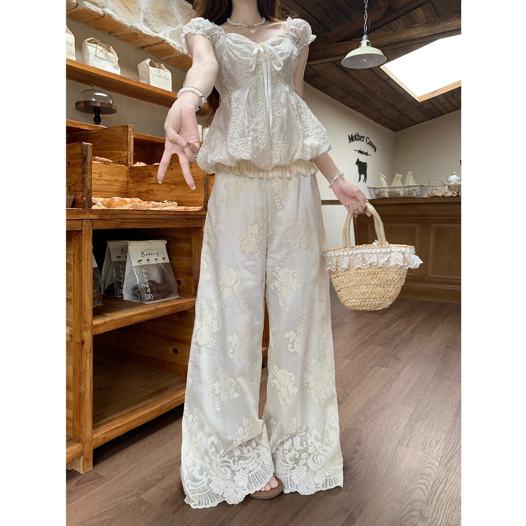 【南法假日】蕾丝棉布宽松绣花阔腿裤