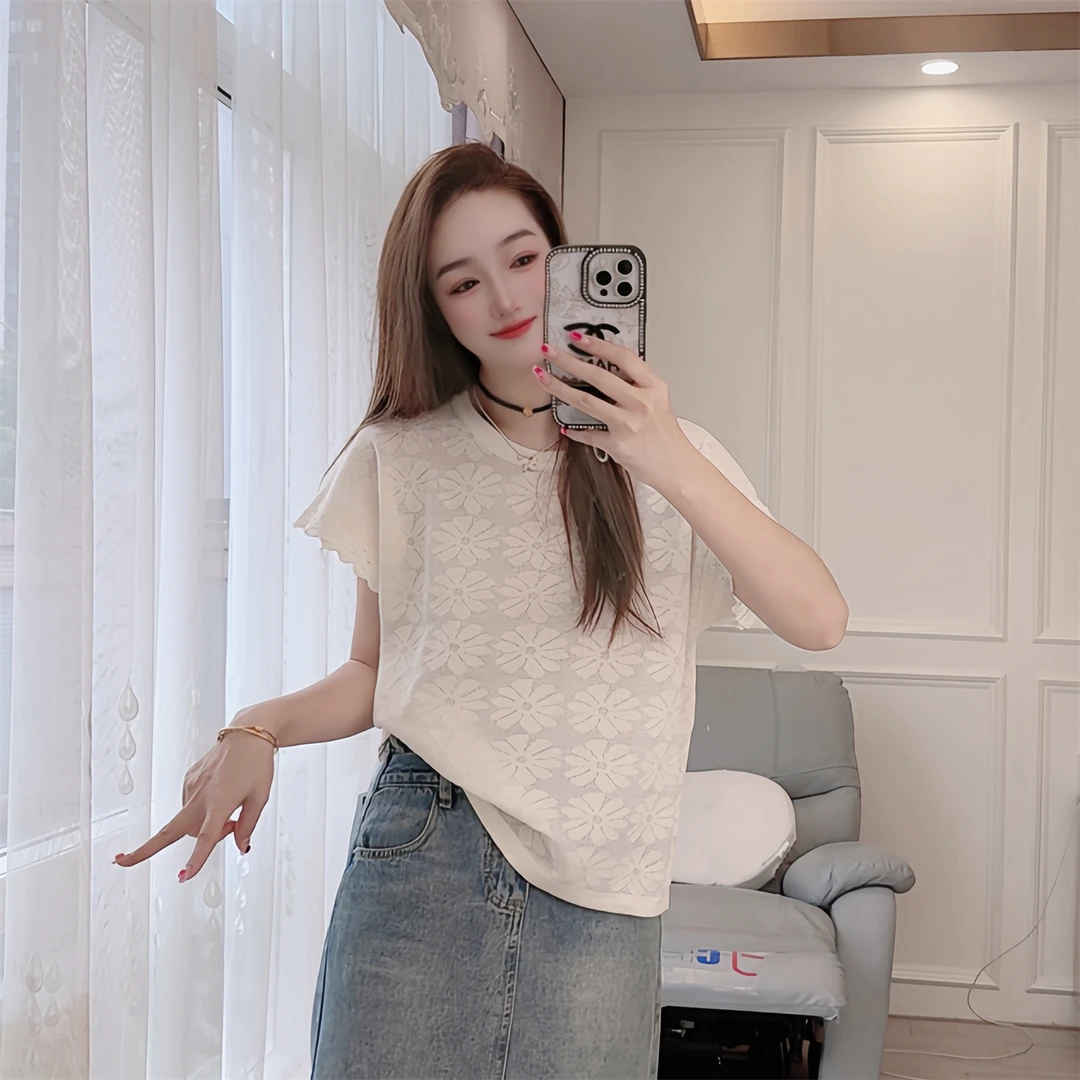 5107现货夏季薄款针织衫套头短袖袖口蕾丝宽松女装显瘦百搭上衣