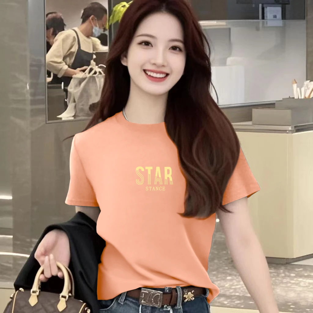 2025新款夏季短袖t恤女士宽松大码圆领印花时尚休闲百搭显瘦上衣