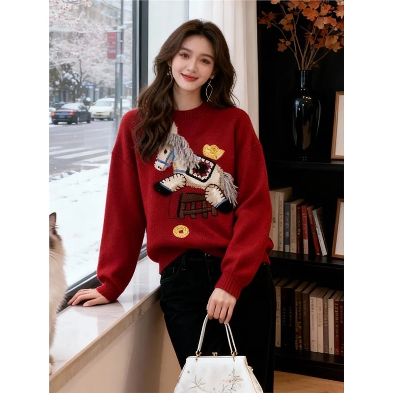欧洲站高端女装2025秋冬新款小马图案跨年穿搭新年战袍针织毛衣女