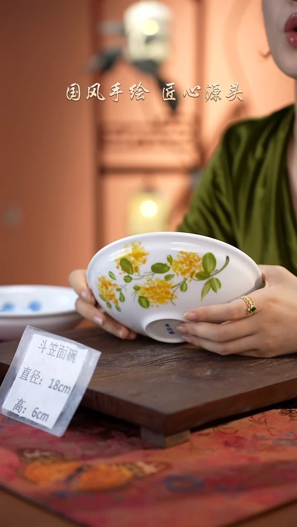 陶瓷景德镇高温釉中彩斗笠面碗直径18高6