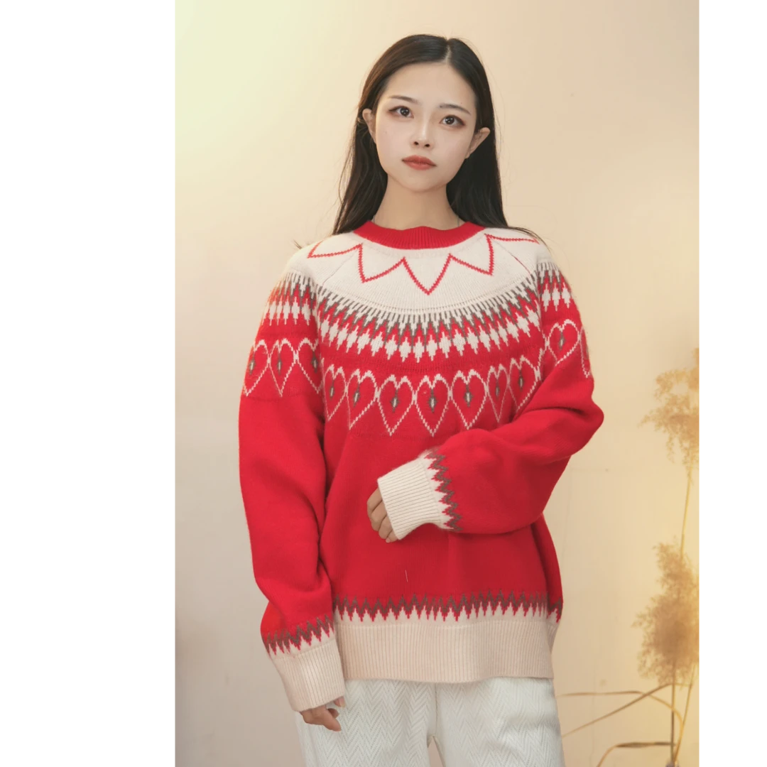 流星降临 LP重工款费尔岛风格女士100%纯山羊绒衫针织宽松毛衣