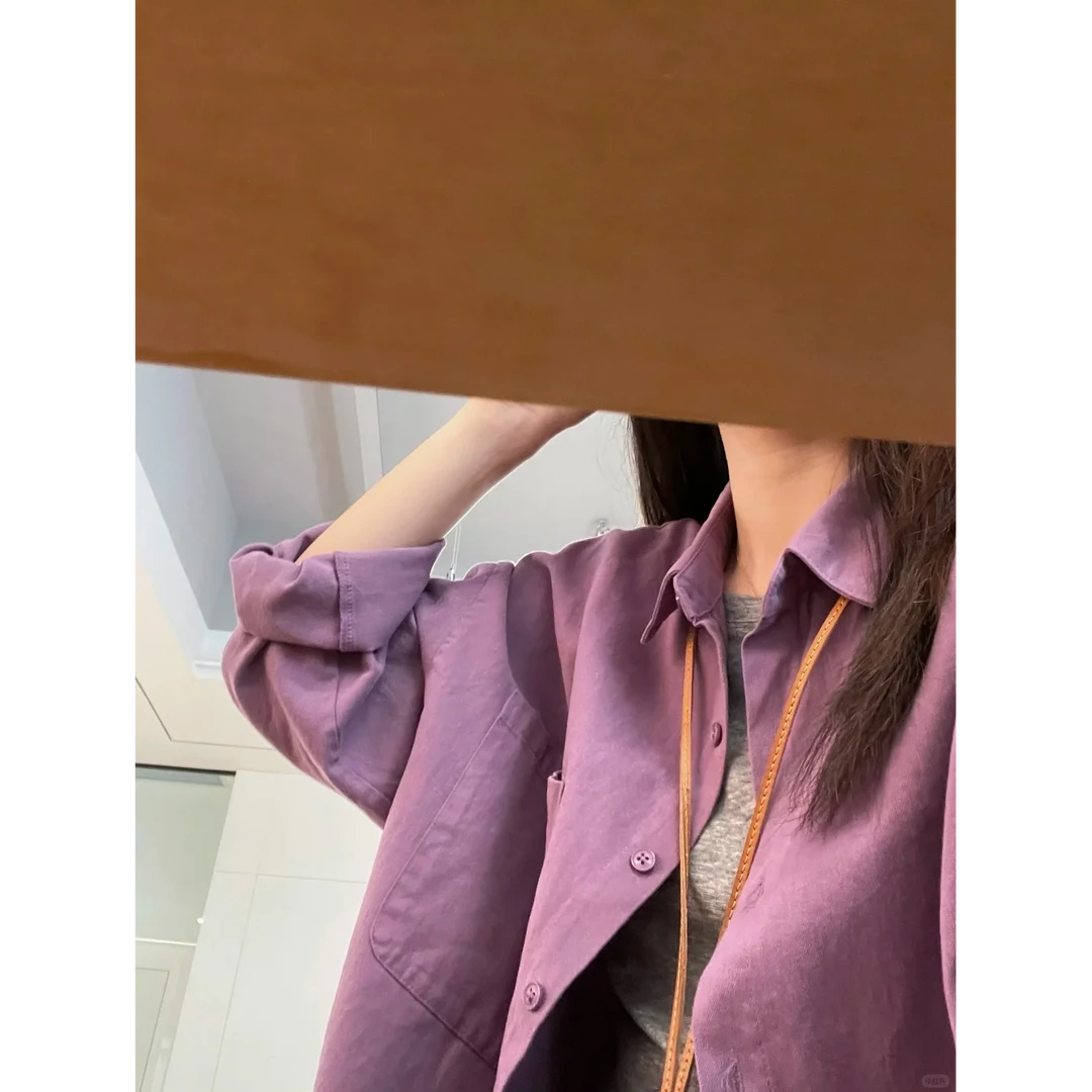 韩系紫色水洗纯棉衬衫女2025早秋新款慵懒风宽松休闲气质衬衣外套