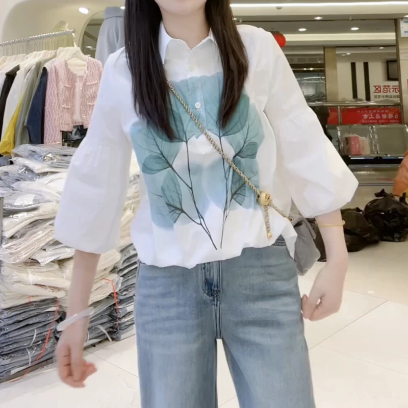 【初夏新款】韩版时尚翻领树叶印花百搭衬衫上衣LK2502350