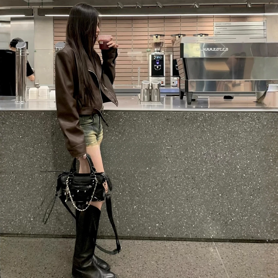 美式复古史塔克短款夹克辣妹棕色长袖秋上衣机车服Pu皮外套女秋新