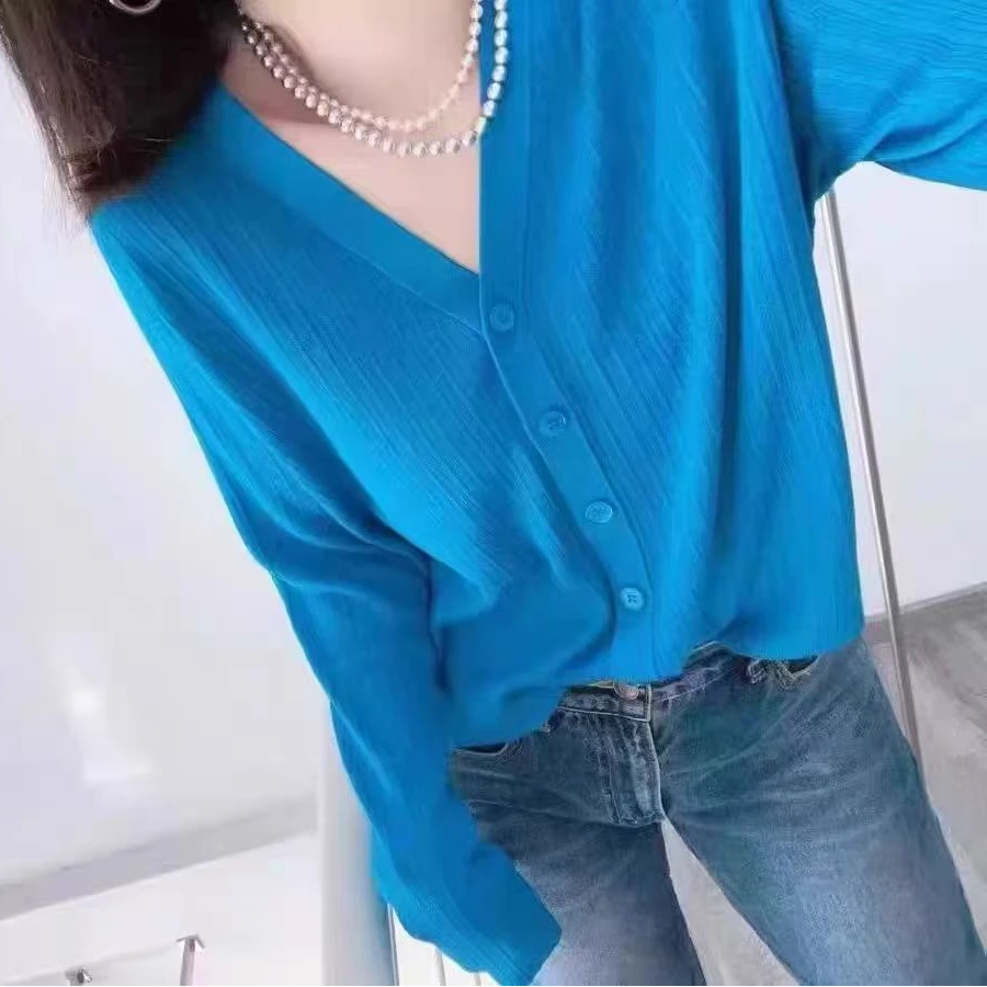 坑条V领丝毛长袖针织开衫 时尚休闲 简约女士上衣