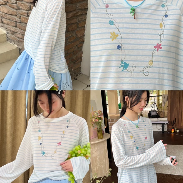 nothe Case「花漫项链」莱赛尔条纹罩衫 花朵藤蔓清爽长袖T恤