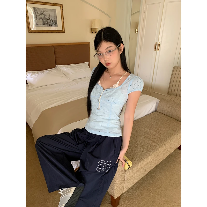 【秋秋清仓】夏季假两件蕾丝透气显瘦外穿百搭T恤242M2408