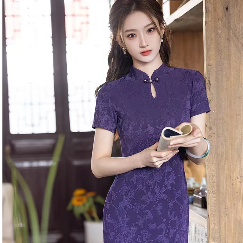 国风夏季日常紫色显瘦子新款收腰连衣裙中式气质改良长裙旗袍女