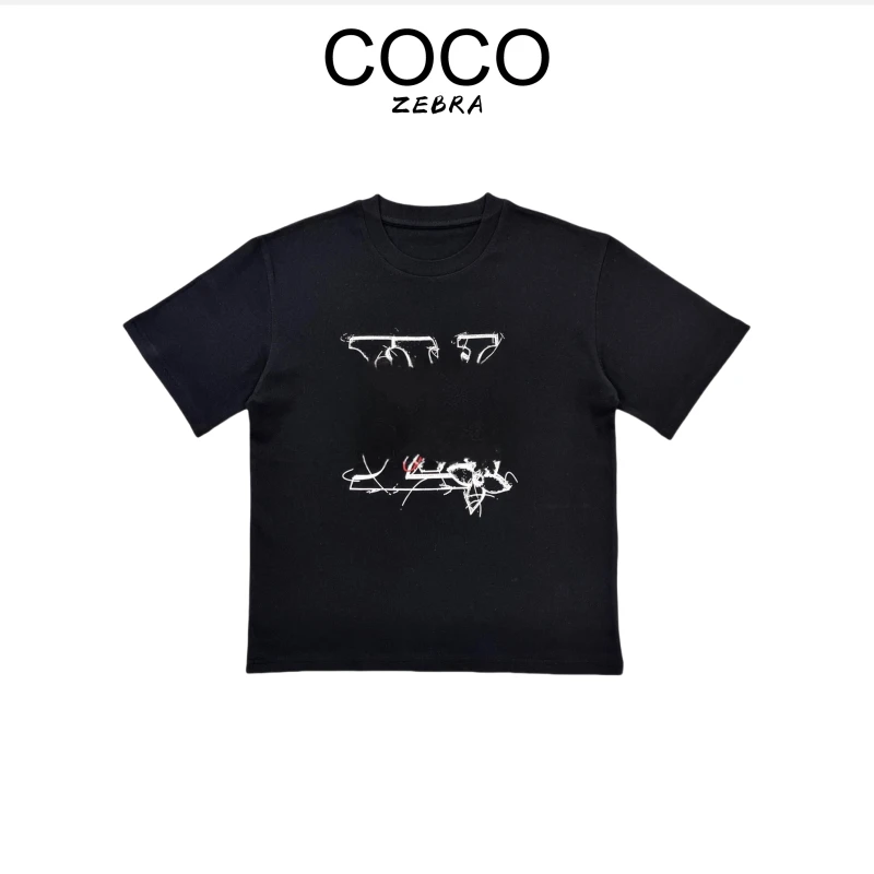 COCO LESLEY 街头简约百搭绘画线条圆领短袖T恤7389