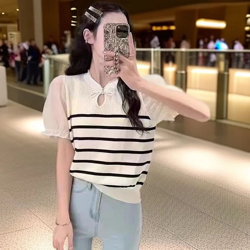 2025新款新中式立领盘扣条纹短袖恤女国风镂空网纱冰丝上衣