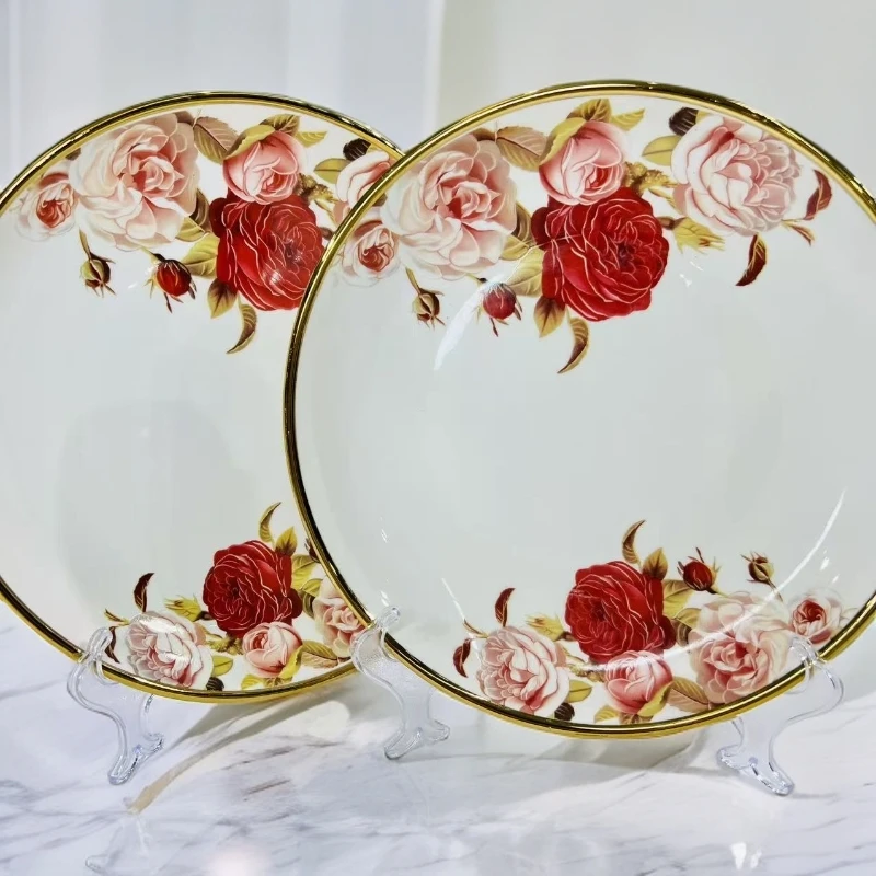 新疆包邮【大红玫瑰中盘一对】好看陶瓷盘子盘碟家用中式碟子金边