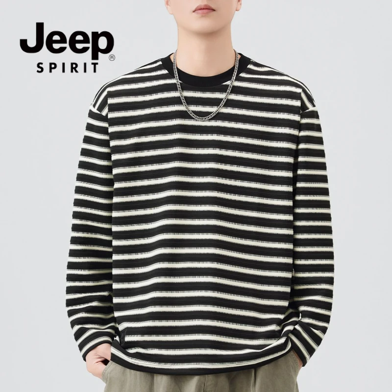 JEEPSPIRIT吉普秋季新款条纹长袖T恤男士宽松圆领潮流百搭打底衫