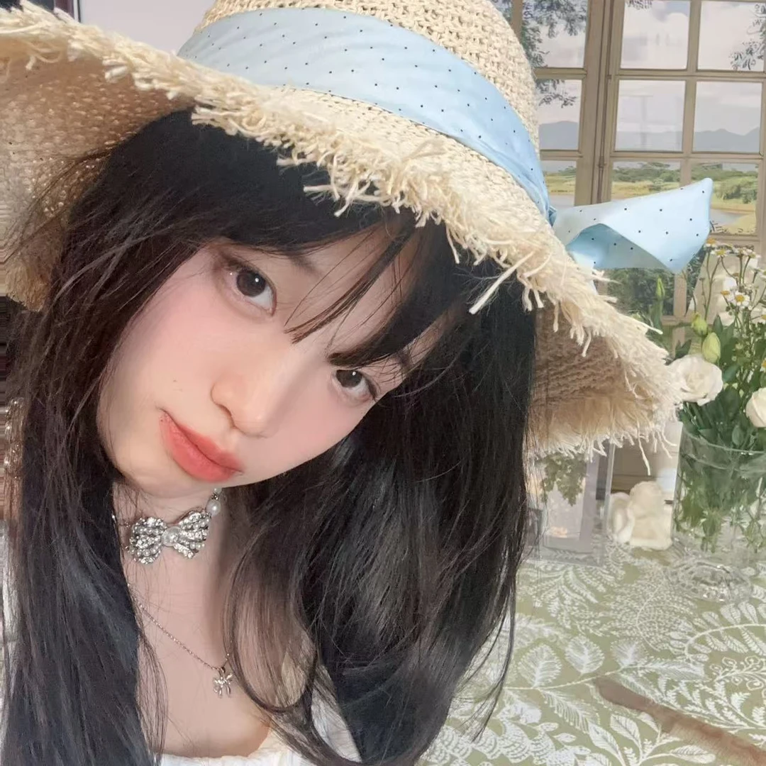 蝴蝶结新款女款大帽檐平顶帽子编织夏季太阳帽网红蕾丝牛仔百搭