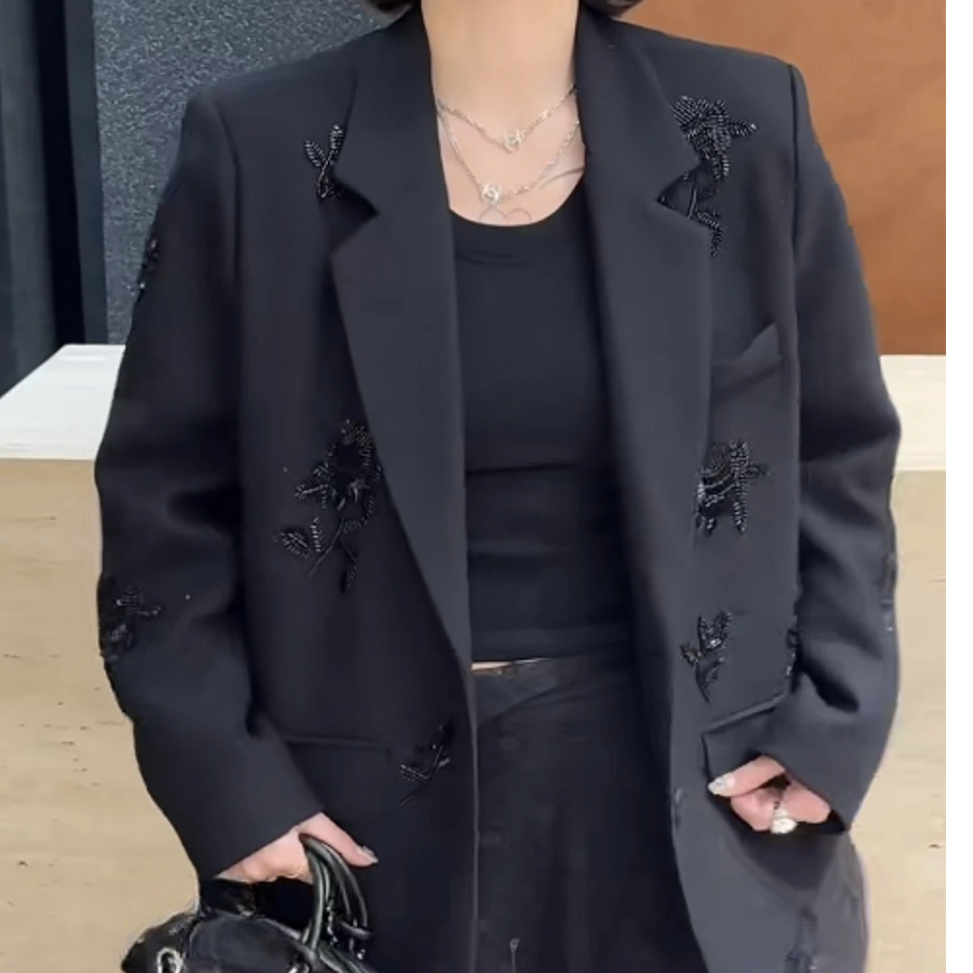 90160潮女时尚轻奢黑珠羽西装外套气质百搭黑色设计师重工