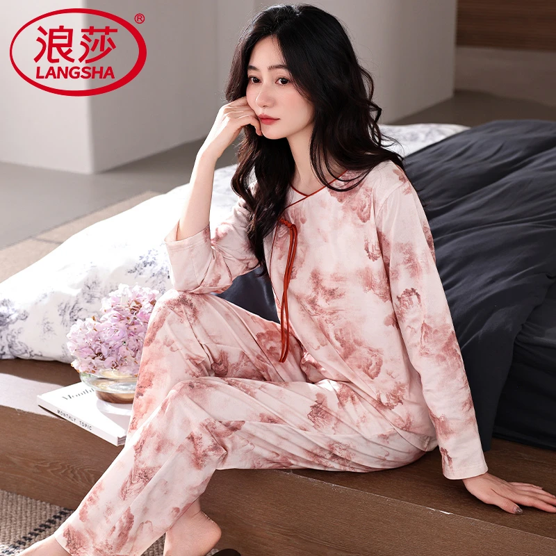 浪莎新中式国风睡衣女家居服2025新款气质纯棉居家服女春秋款套装