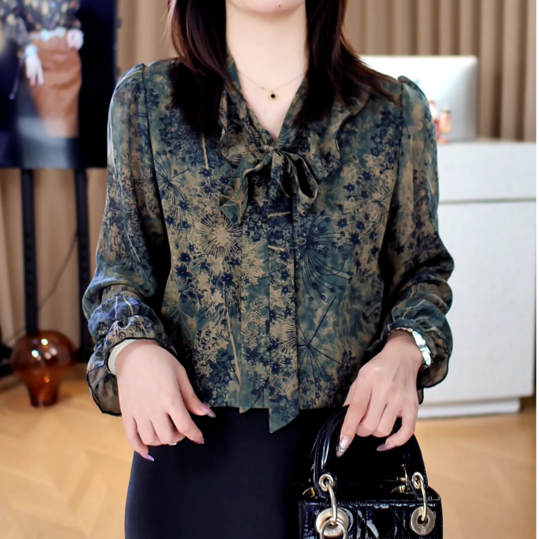 X8819高端时尚长袖碎花雪纺衬衫女2025春季新款显瘦气质衬衣女