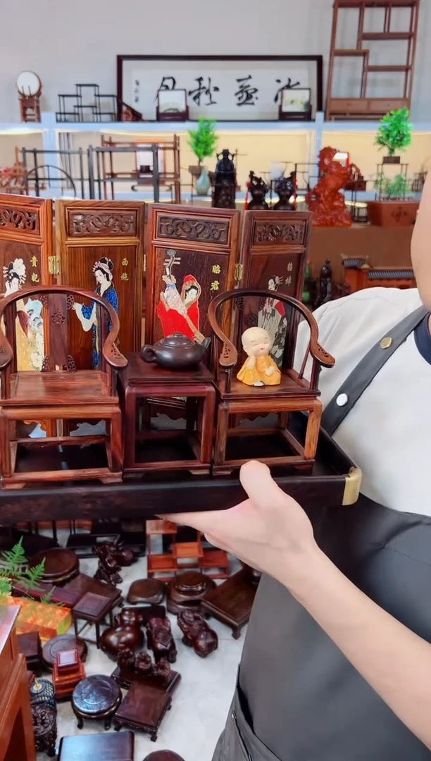 交趾黄檀（大红酸枝）美女屏风 皇宫椅套装加小和尚，把把壶