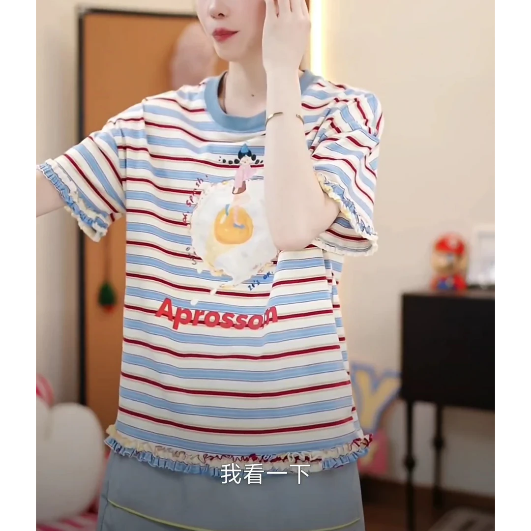 撞色条纹花边正肩短袖T恤女2025夏季新款复古减龄圆领印花上衣女