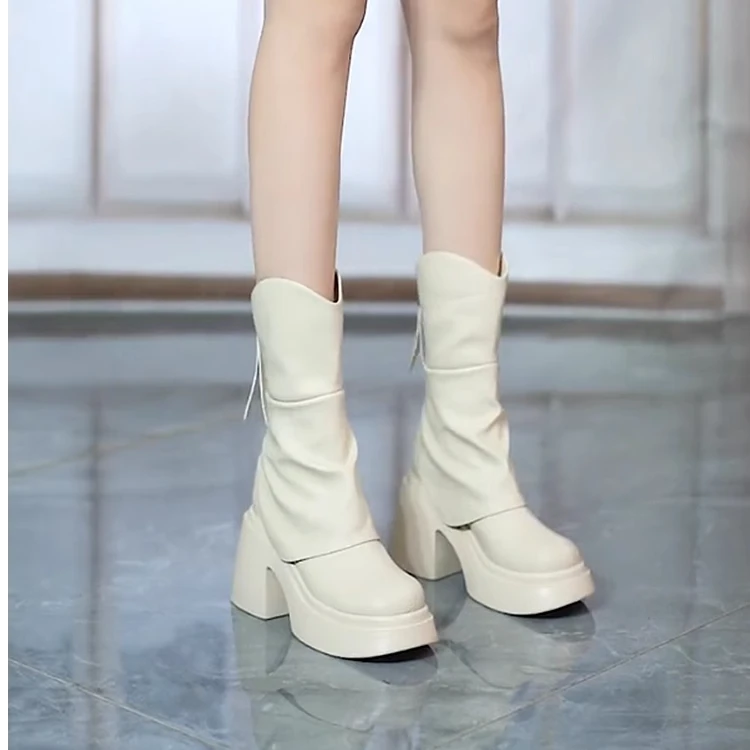 【牛皮版】真皮圆头粗跟弹力瘦瘦靴马丁靴女休闲小众复古设计感时尚