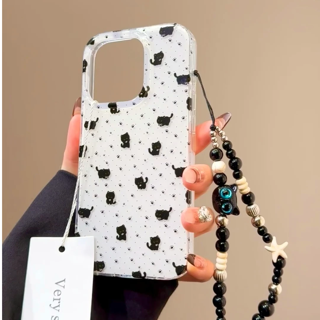 满屏小黑猫可爱防摔好看挂绳趣味IMD亮面手机壳适用苹果安卓透明