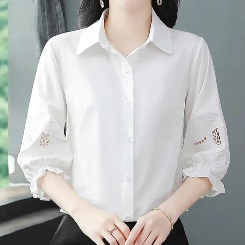 高级感镂空刺绣七分袖独特漂亮衬衫女装2025新款衬衣百搭洋气上衣