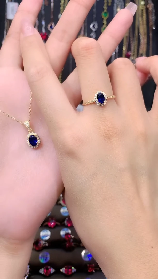 蓝宝石戒指银S925镶嵌金色46