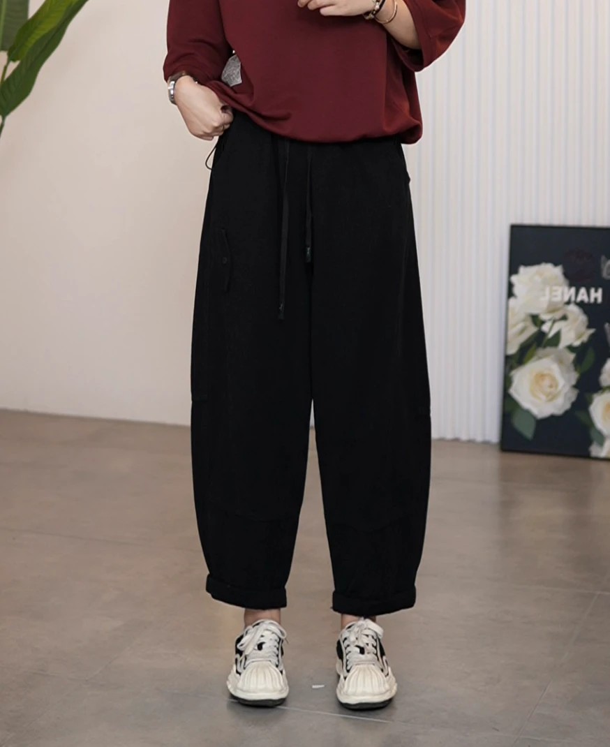 2025早秋新款抽绳中高松紧腰百搭显瘦哈伦裤宽松大口袋休闲裤女裤