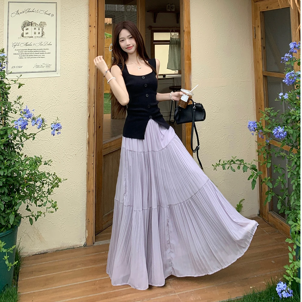 【现货】法式高级感方领黑色针织衫女夏季修身显瘦无袖背心上衣