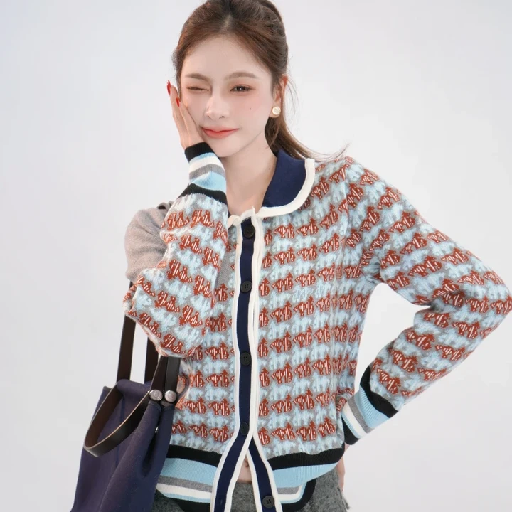 小香风气质POLP领撞色针织开衫毛衣女秋冬甜美小众设计感软糯上衣