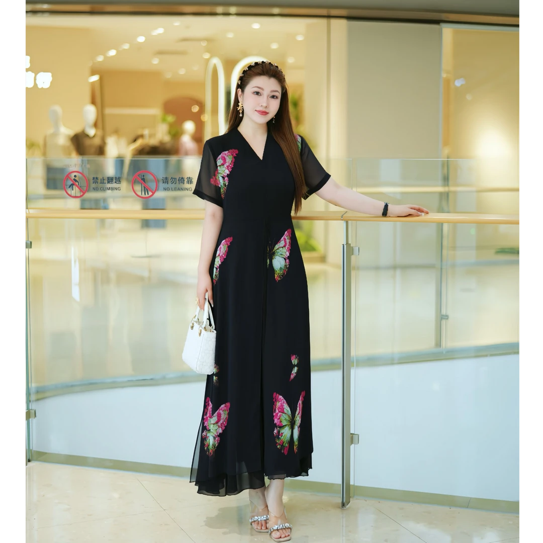 XYD71654印花珍珠雪纺大码女装连衣裙气质收腰优雅大裙摆轻奢长裙