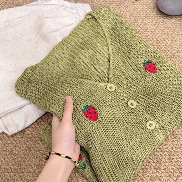 特！拼手速!【樱桃草莓】春秋时尚宽松透气天丝麻刺绣长袖针织开衫