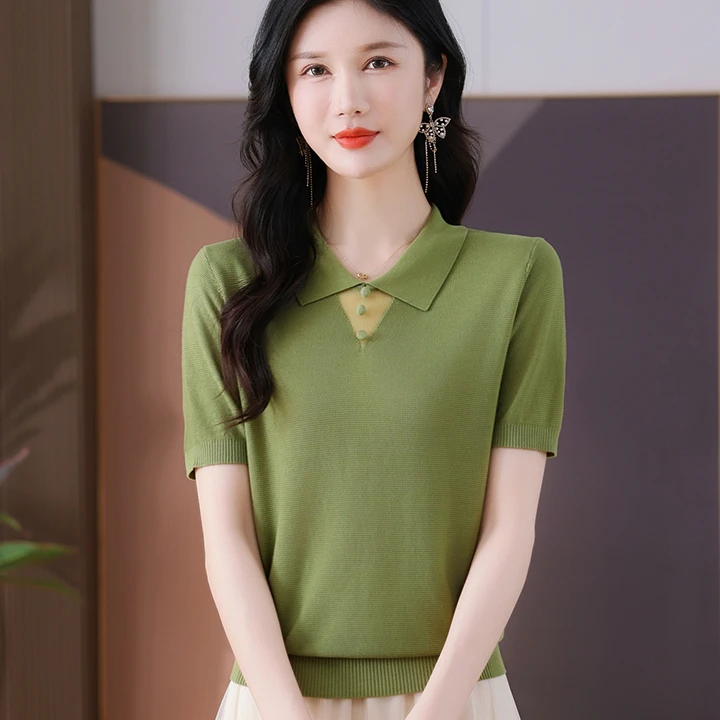 新款桑蚕丝女夏季宽松早秋针织短袖薄款polo打底衫女装v领宽松