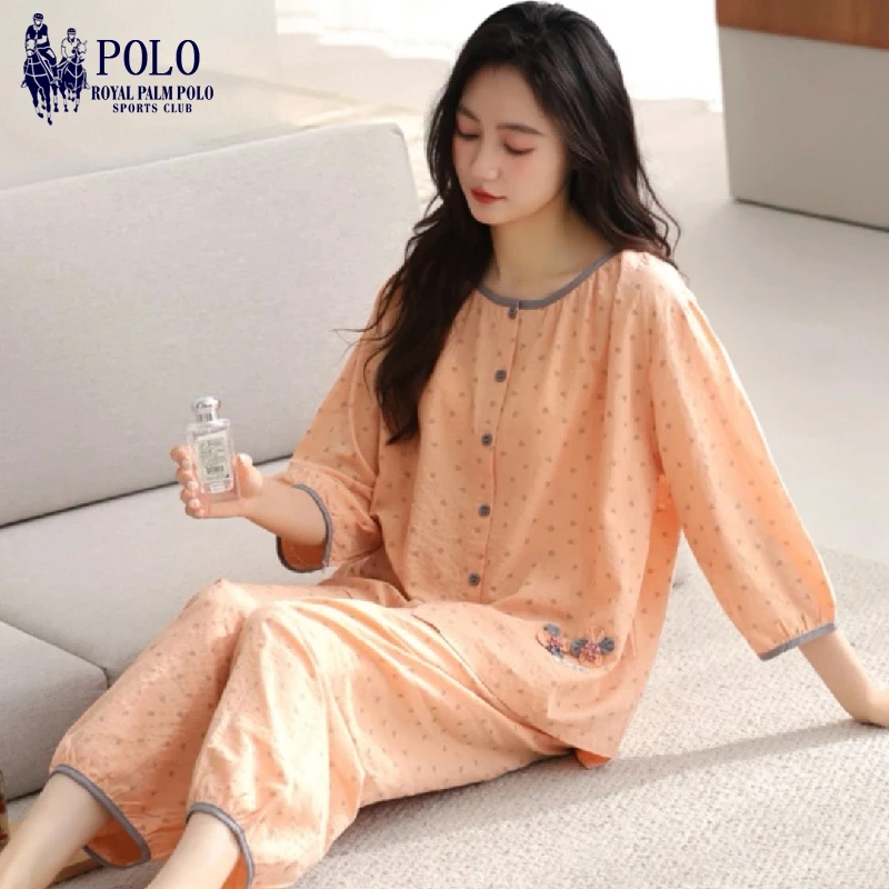 POLO保罗睡衣女夏季2025新款七分袖九分裤梭织棉两件套清新居家服