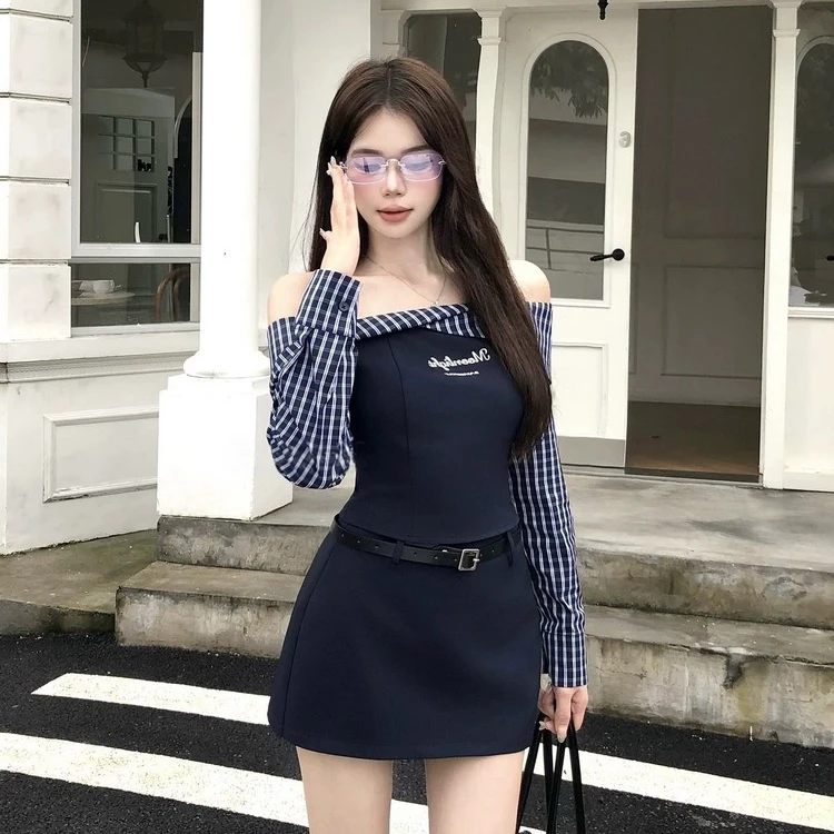 复古假两件一字肩拼接格子上衣女秋季高级感气质半身裙子两件套装