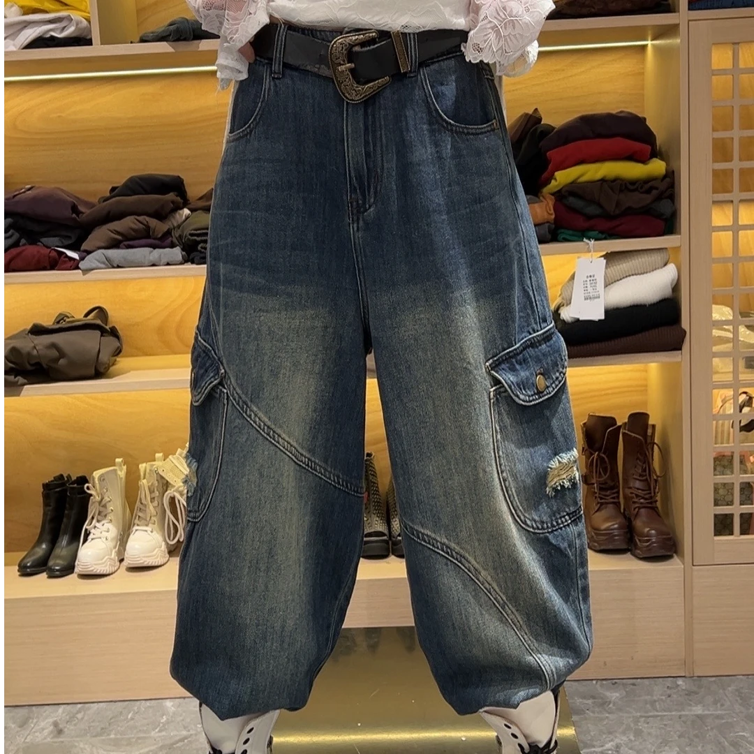 8047早春新品重工水洗柔软舒适百搭手工磨破牛仔老爹哈伦裤